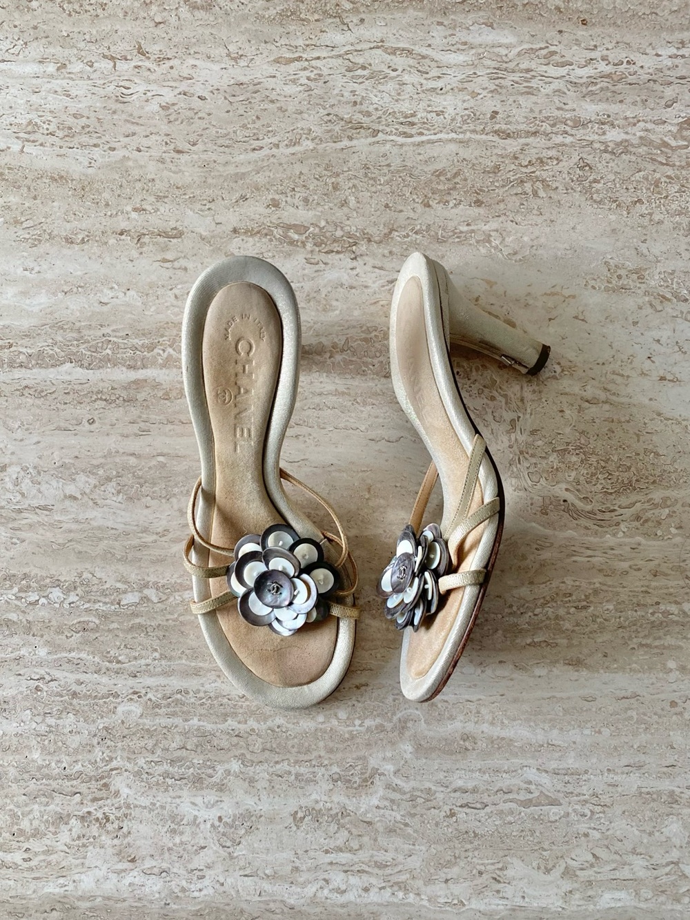 Vintage Chanel Pearl Shell Camellia Sandal Heels